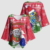 Gambia Christmas Kimono Sleeve Blouse with Santa Hippo National Coat of Arms Snowflakes and Festive Holiday - Wonder Print Shop