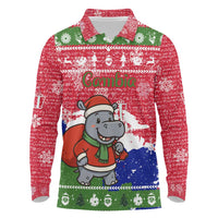 Gambia Christmas Long Sleeve Polo Shirt with Santa Hippo National Coat of Arms Snowflakes and Festive Holiday - Wonder Print Shop