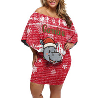 Gambia Christmas Off Shoulder Short Dress with Santa Hippo National Coat of Arms Snowflakes and Festive Holiday - Wonder Print Shop