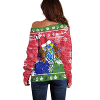 Gambia Christmas Off Shoulder Sweater with Santa Hippo National Coat of Arms Snowflakes and Festive Holiday - Wonder Print Shop