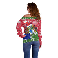 Gambia Christmas Off Shoulder Sweater with Santa Hippo National Coat of Arms Snowflakes and Festive Holiday - Wonder Print Shop