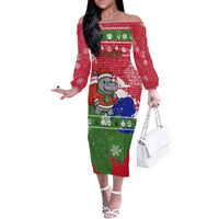 Gambia Christmas Off The Shoulder Long Sleeve Dress with Santa Hippo National Coat of Arms Snowflakes and Festive Holiday - Wonder Print Shop