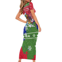 Gambia Christmas Short Sleeve Bodycon Dress with Santa Hippo National Coat of Arms Snowflakes and Festive Holiday - Wonder Print Shop