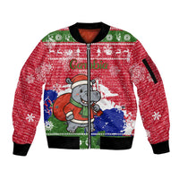 Gambia Christmas Sleeve Zip Bomber Jacket with Santa Hippo National Coat of Arms Snowflakes and Festive Holiday - Wonder Print Shop