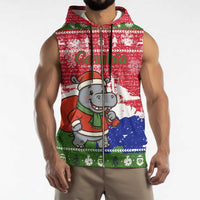 Gambia Christmas Sleeveless Zip Hoodie with Santa Hippo National Coat of Arms Snowflakes and Festive Holiday - Wonder Print Shop