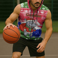 Gambia Christmas Sleeveless Zip Hoodie with Santa Hippo National Coat of Arms Snowflakes and Festive Holiday - Wonder Print Shop