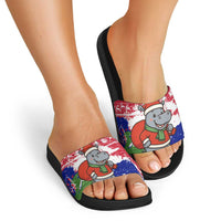Gambia Christmas Slide Sandals with Santa Hippo National Coat of Arms Snowflakes and Festive Holiday - Wonder Print Shop
