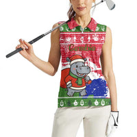 Gambia Christmas Women Sleeveless Polo Shirt with Santa Hippo National Coat of Arms Snowflakes and Festive Holiday - Wonder Print Shop