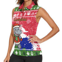 Gambia Christmas Women Sleeveless Polo Shirt with Santa Hippo National Coat of Arms Snowflakes and Festive Holiday - Wonder Print Shop