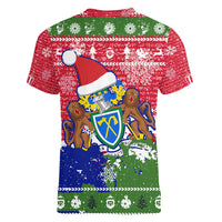 Gambia Christmas Women V-Neck T-Shirt with Santa Hippo National Coat of Arms Snowflakes and Festive Holiday - Wonder Print Shop