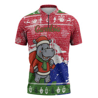Gambia Christmas Zipper Polo Shirt with Santa Hippo National Coat of Arms Snowflakes and Festive Holiday - Wonder Print Shop
