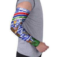 Gambia Christmas Arm Sleeves with Santa Birds Gift Boxes Forest Scene and Snowflake Pattern Design - Wonder Print Shop