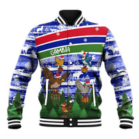 Gambia Christmas Baseball Jacket with Santa Birds Gift Boxes Forest Scene and Snowflake Pattern Design - Wonder Print Shop