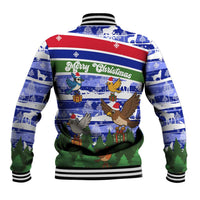 Gambia Christmas Baseball Jacket with Santa Birds Gift Boxes Forest Scene and Snowflake Pattern Design - Wonder Print Shop