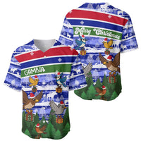 Gambia Christmas Baseball Jersey with Santa Birds Gift Boxes Forest Scene and Snowflake Pattern Design - Wonder Print Shop
