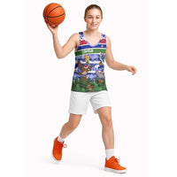 Gambia Christmas Basketball Jersey with Santa Birds Gift Boxes Forest Scene and Snowflake Pattern Design - Wonder Print Shop
