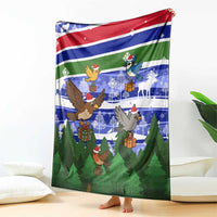 Gambia Christmas Blanket with Santa Birds Gift Boxes Forest Scene and Snowflake Pattern Design - Wonder Print Shop