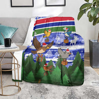 Gambia Christmas Blanket with Santa Birds Gift Boxes Forest Scene and Snowflake Pattern Design - Wonder Print Shop