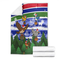 Gambia Christmas Blanket with Santa Birds Gift Boxes Forest Scene and Snowflake Pattern Design - Wonder Print Shop