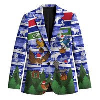 Gambia Christmas Blazer with Santa Birds Gift Boxes Forest Scene and Snowflake Pattern Design - Wonder Print Shop
