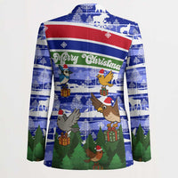 Gambia Christmas Blazer with Santa Birds Gift Boxes Forest Scene and Snowflake Pattern Design - Wonder Print Shop