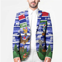 Gambia Christmas Blazer with Santa Birds Gift Boxes Forest Scene and Snowflake Pattern Design - Wonder Print Shop