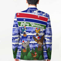 Gambia Christmas Blazer with Santa Birds Gift Boxes Forest Scene and Snowflake Pattern Design - Wonder Print Shop