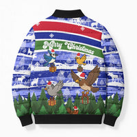Gambia Christmas Bomber Puffer Jacket with Santa Birds Gift Boxes Forest Scene and Snowflake Pattern Design - Wonder Print Shop