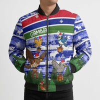 Gambia Christmas Bomber Puffer Jacket with Santa Birds Gift Boxes Forest Scene and Snowflake Pattern Design - Wonder Print Shop
