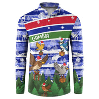 Gambia Christmas Button Sweatshirt with Santa Birds Gift Boxes Forest Scene and Snowflake Pattern Design - Wonder Print Shop