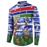 Gambia Christmas Button Sweatshirt with Santa Birds Gift Boxes Forest Scene and Snowflake Pattern Design - Wonder Print Shop