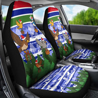 Gambia Christmas Car Seat Cover with Santa Birds Gift Boxes Forest Scene and Snowflake Pattern Design - Wonder Print Shop