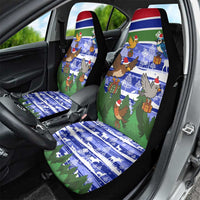 Gambia Christmas Car Seat Cover with Santa Birds Gift Boxes Forest Scene and Snowflake Pattern Design - Wonder Print Shop