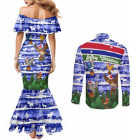 Gambia Christmas Couples Matching Mermaid Dress and Long Sleeve Button Shirt with Santa Birds Gift Boxes Forest Scene and Snowflake Pattern Design - Wonder Print Shop