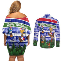 Gambia Christmas Couples Matching Off Shoulder Short Dress and Long Sleeve Button Shirt with Santa Birds Gift Boxes Forest Scene and Snowflake Pattern Design - Wonder Print Shop
