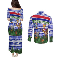 Gambia Christmas Couples Matching Puletasi and Long Sleeve Button Shirt with Santa Birds Gift Boxes Forest Scene and Snowflake Pattern Design - Wonder Print Shop