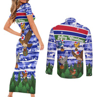 Gambia Christmas Couples Matching Short Sleeve Bodycon Dress and Long Sleeve Button Shirt with Santa Birds Gift Boxes Forest Scene and Snowflake Pattern Design - Wonder Print Shop