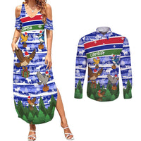 Gambia Christmas Couples Matching Summer Maxi Dress and Long Sleeve Button Shirt with Santa Birds Gift Boxes Forest Scene and Snowflake Pattern Design - Wonder Print Shop