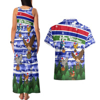 Gambia Christmas Couples Matching Tank Maxi Dress and Hawaiian Shirt with Santa Birds Gift Boxes Forest Scene and Snowflake Pattern Design - Wonder Print Shop