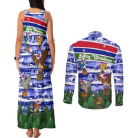 Gambia Christmas Couples Matching Tank Maxi Dress and Long Sleeve Button Shirt with Santa Birds Gift Boxes Forest Scene and Snowflake Pattern Design - Wonder Print Shop