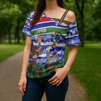Gambia Christmas Cross Shoulder Shirt with Santa Birds Gift Boxes Forest Scene and Snowflake Pattern Design - Wonder Print Shop