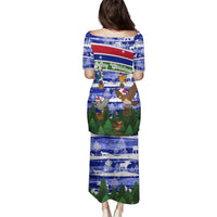 Gambia Christmas Family Matching Puletasi and Hawaiian Shirt with Santa Birds Gift Boxes Forest Scene and Snowflake Pattern Design - Wonder Print Shop