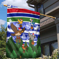 Gambia Christmas Garden Flag with Santa Birds Gift Boxes Forest Scene and Snowflake Pattern Design - Wonder Print Shop