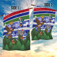 Gambia Christmas Garden Flag with Santa Birds Gift Boxes Forest Scene and Snowflake Pattern Design - Wonder Print Shop