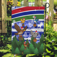 Gambia Christmas Garden Flag with Santa Birds Gift Boxes Forest Scene and Snowflake Pattern Design - Wonder Print Shop