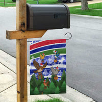 Gambia Christmas Garden Flag with Santa Birds Gift Boxes Forest Scene and Snowflake Pattern Design - Wonder Print Shop