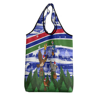Gambia Christmas Grocery Bag with Santa Birds Gift Boxes Forest Scene and Snowflake Pattern Design - Wonder Print Shop