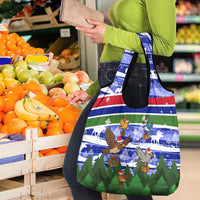 Gambia Christmas Grocery Bag with Santa Birds Gift Boxes Forest Scene and Snowflake Pattern Design - Wonder Print Shop