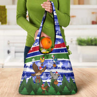 Gambia Christmas Grocery Bag with Santa Birds Gift Boxes Forest Scene and Snowflake Pattern Design - Wonder Print Shop