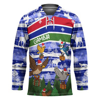 Gambia Christmas Hockey Jersey with Santa Birds Gift Boxes Forest Scene and Snowflake Pattern Design - Wonder Print Shop